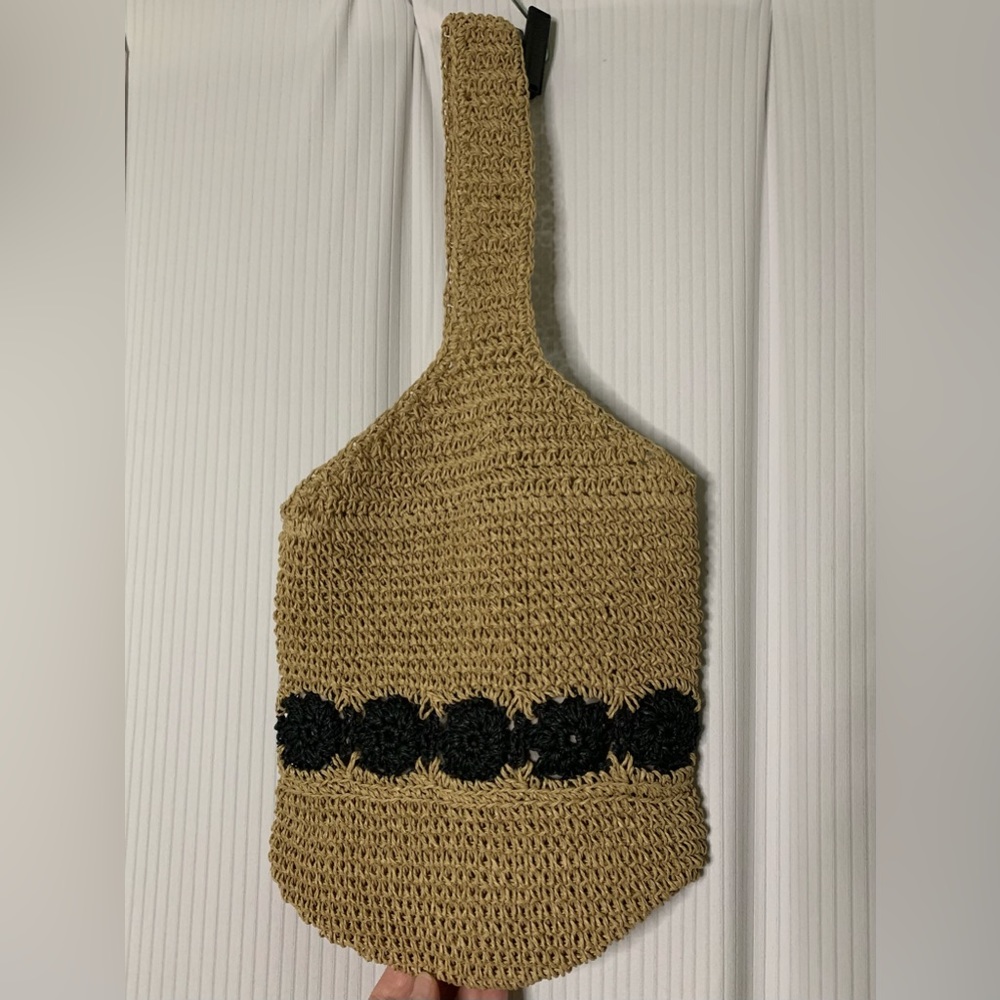 Straw Soft Body Bucket Bag Lined Single Strap Natural Tan with Black